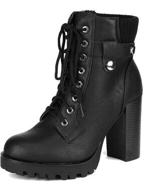 Dream Paris Women's Black Chunky High Heel Lace up Stylish Heeled Ankle Boots